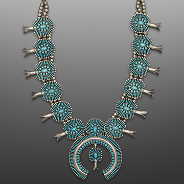 Edith Tsabetsaye, Zuni Needlepoint Necklace, 1973, Silver, turquoise.